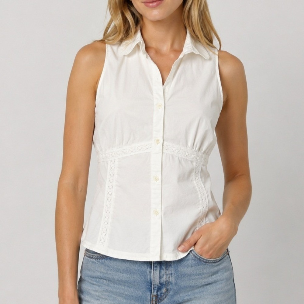 Ann Taylor Loft Sleeveless Babydoll Blouse Size 2 White Eyelet Lace Trim Y2K